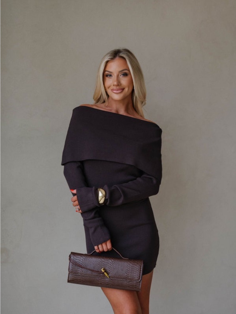 NEVER WORN! Off-Shoulder Long-Sleeve Sweater Dress - Dark Brown